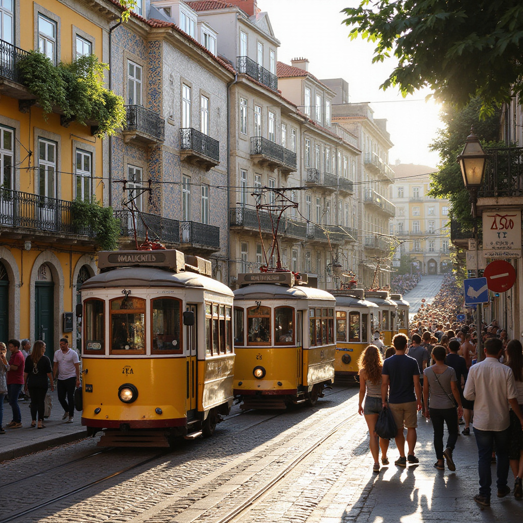 Ulica w Lizbonie z charakterystycznymi tramwajami i kolorowymi budynkami