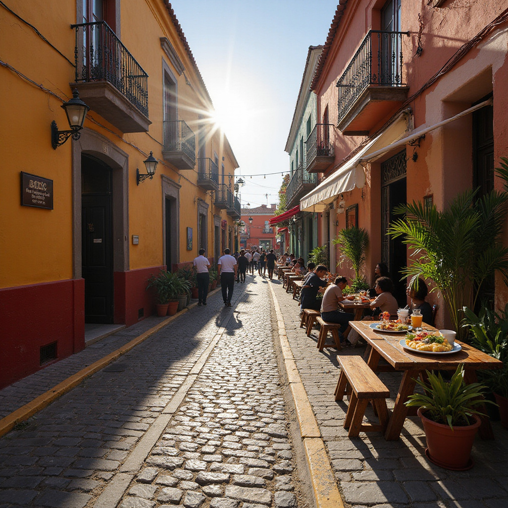 Ulica w Meksyku z kawiarnią serwującą huevos rancheros