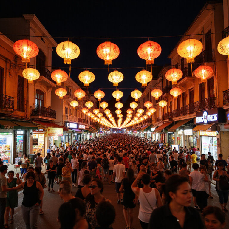 Ulica w Nha Trang podczas festiwalu z kolorowymi latarniami i tłumem ludzi