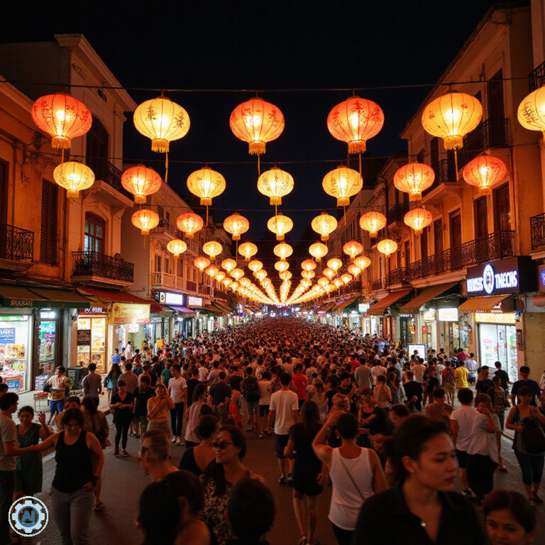 Ulica w Nha Trang podczas festiwalu z kolorowymi latarniami i tłumem ludzi