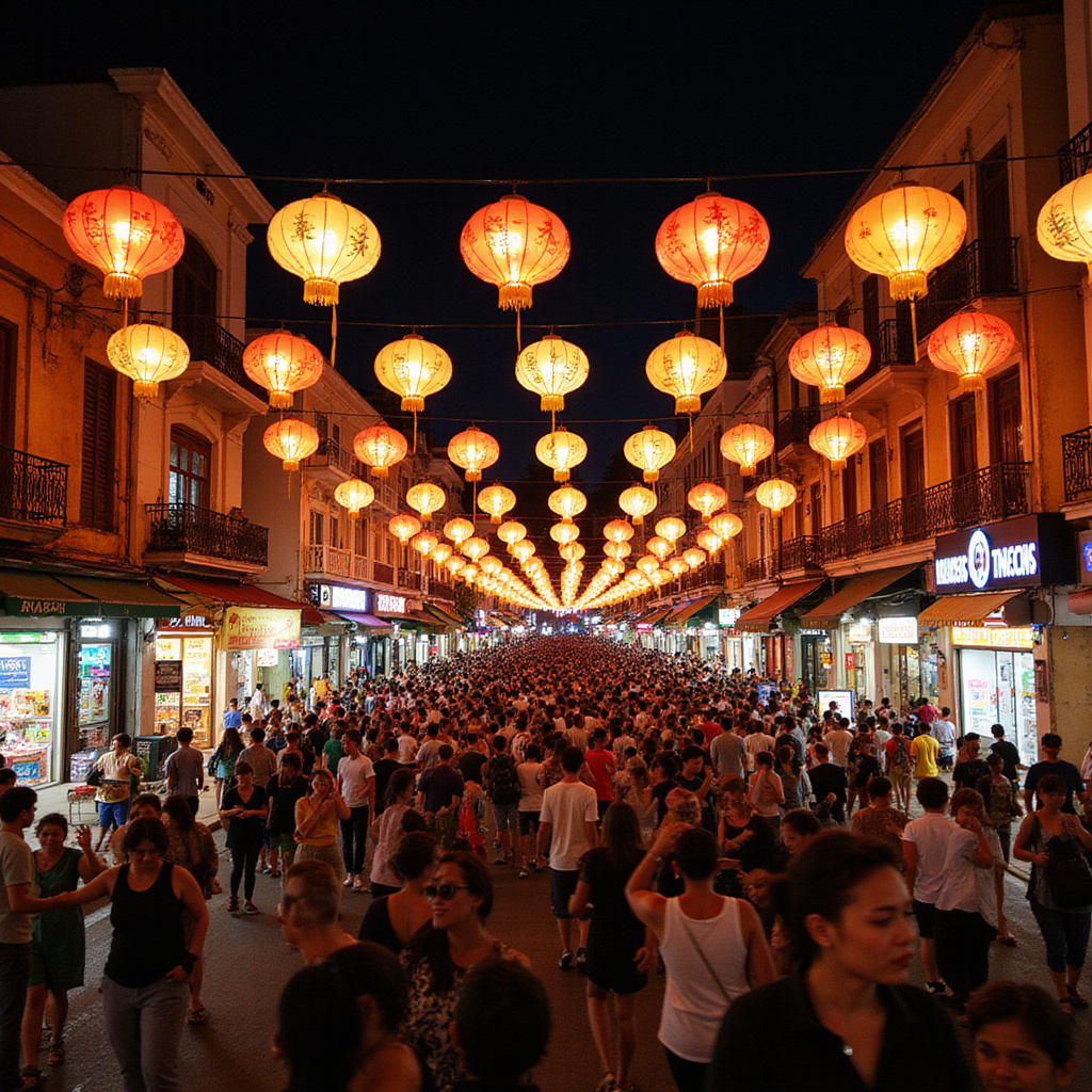 Ulica w Nha Trang podczas festiwalu z kolorowymi latarniami i tłumem ludzi