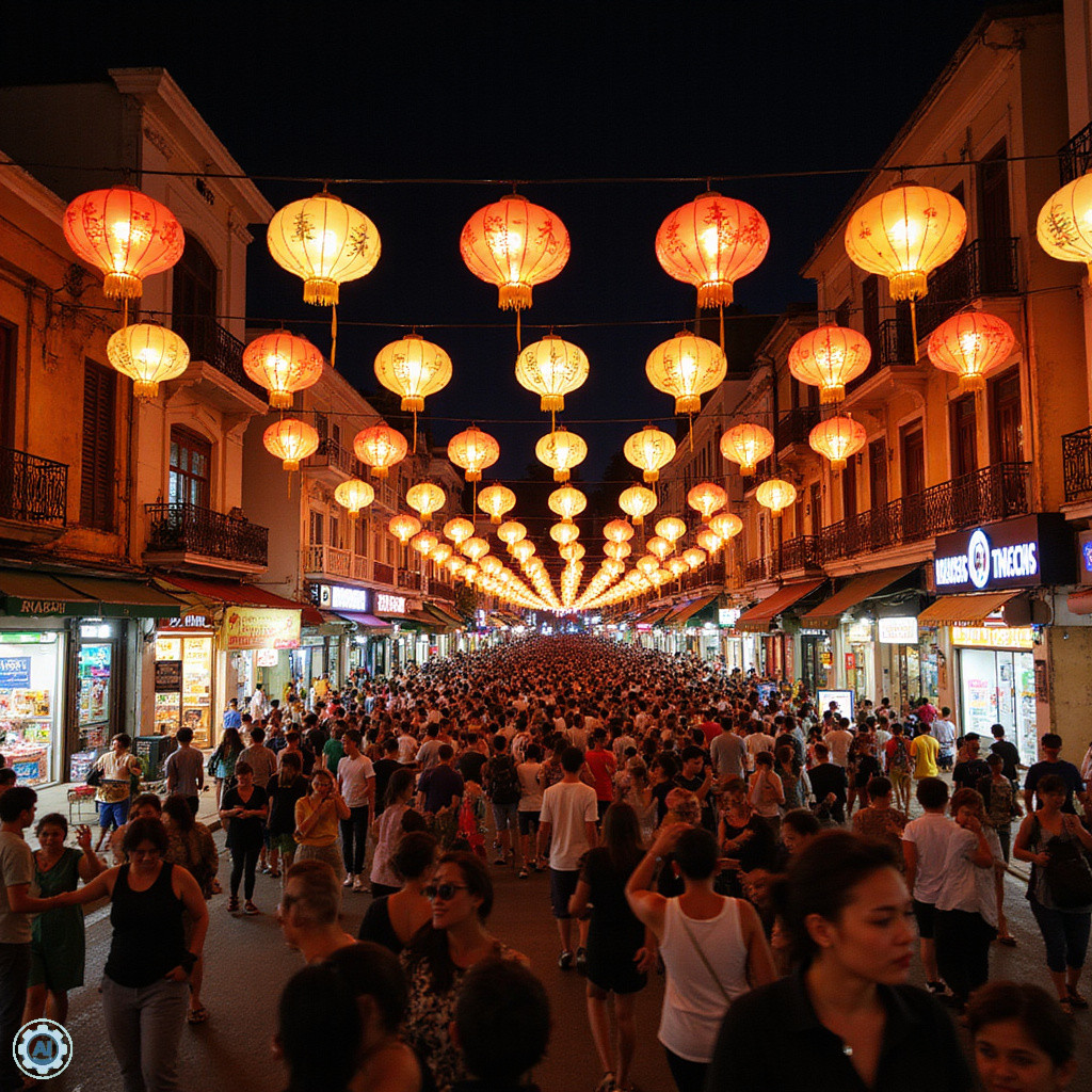 Ulica w Nha Trang podczas festiwalu z kolorowymi latarniami i tłumem ludzi