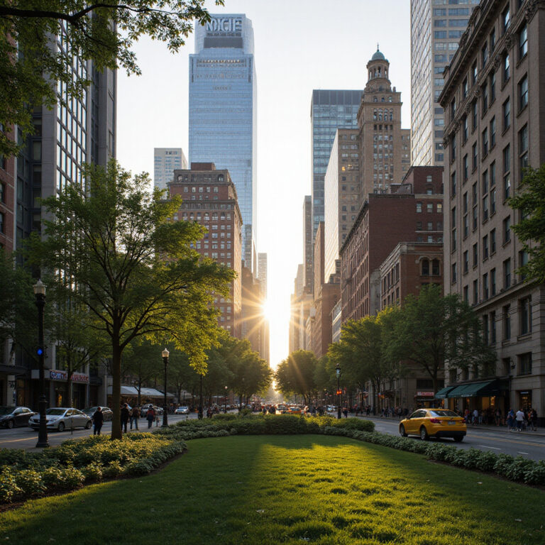 ulica w Nowym Jorku z widokiem na zielony park i wieżowce