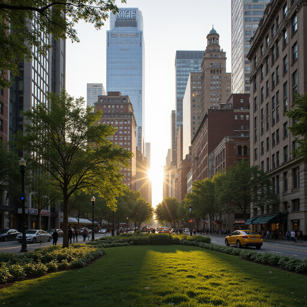 ulica w Nowym Jorku z widokiem na zielony park i wieżowce