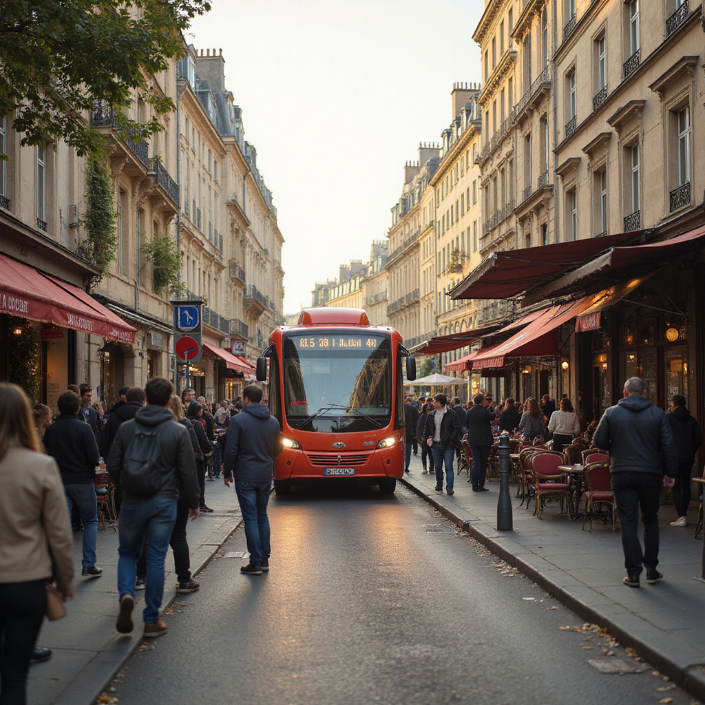Ulica w Paryżu z widocznym autobusem miejskim i turystami