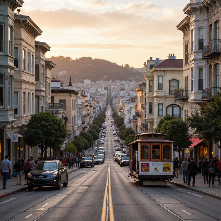 Widok na ulicę w San Francisco z charakterystycznymi tramwajami linowymi