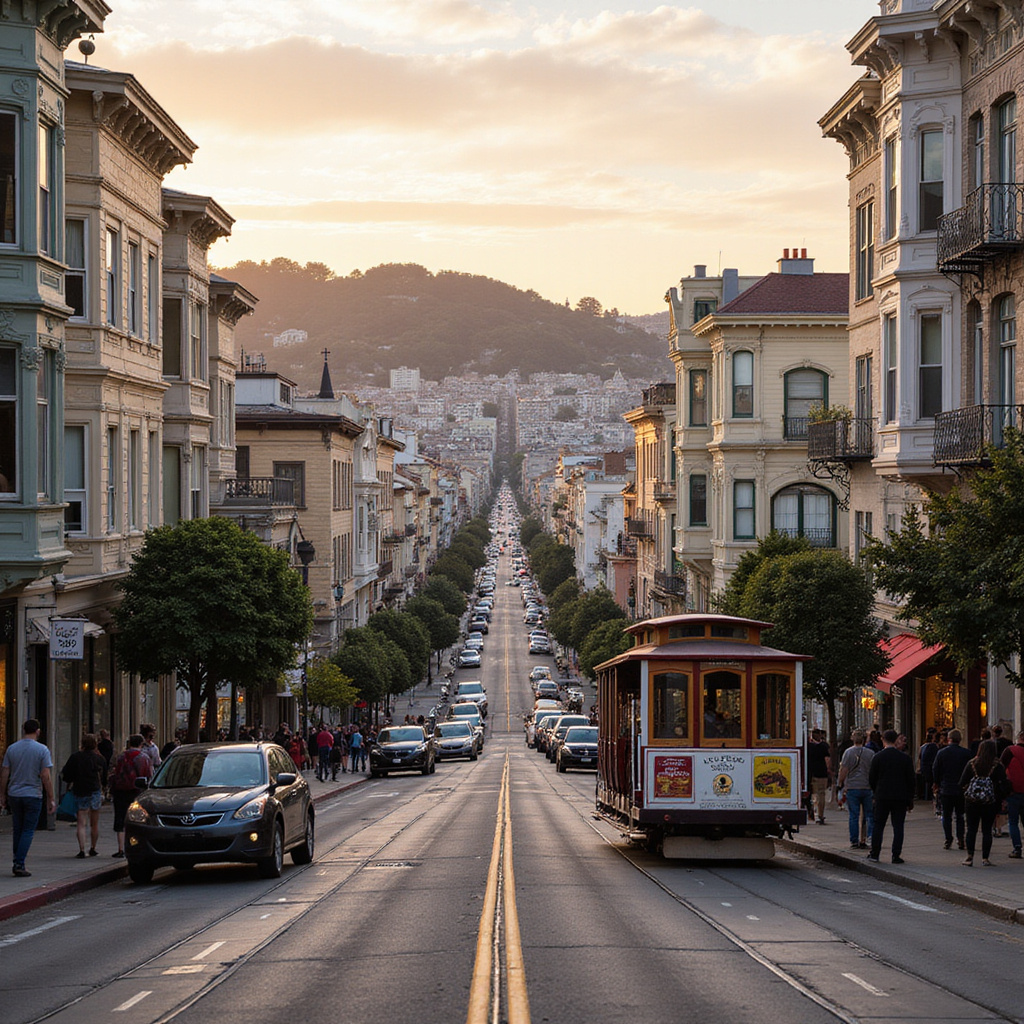 Widok na ulicę w San Francisco z charakterystycznymi tramwajami linowymi