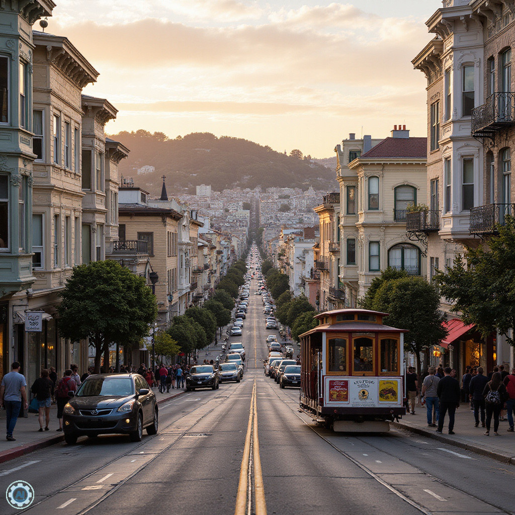 Widok na ulicę w San Francisco z charakterystycznymi tramwajami linowymi