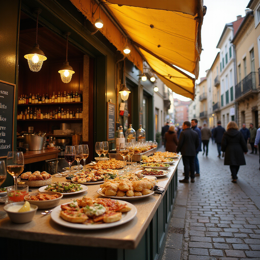Ulica w San Sebastián z barem pintxos i kieliszkami Txakoli