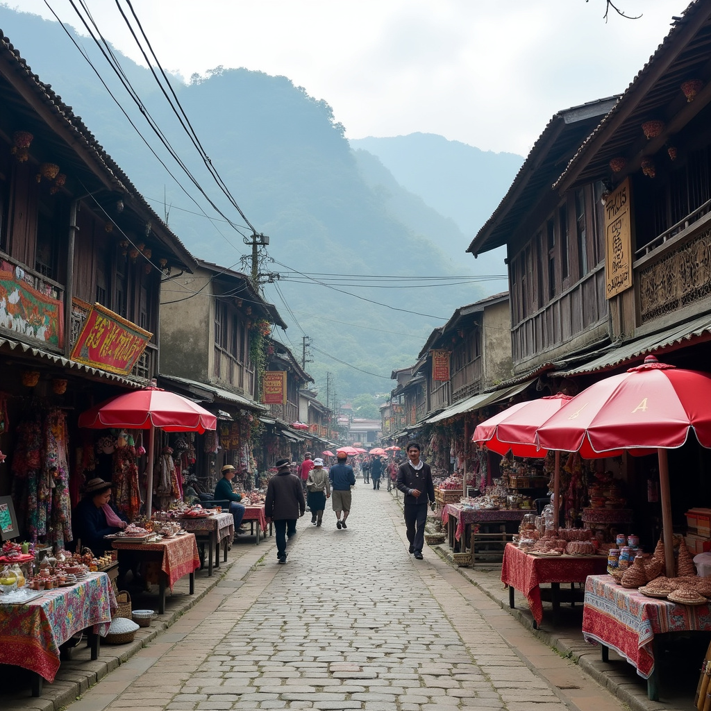 Ulica w Sapa z lokalnymi straganami i górami w tle