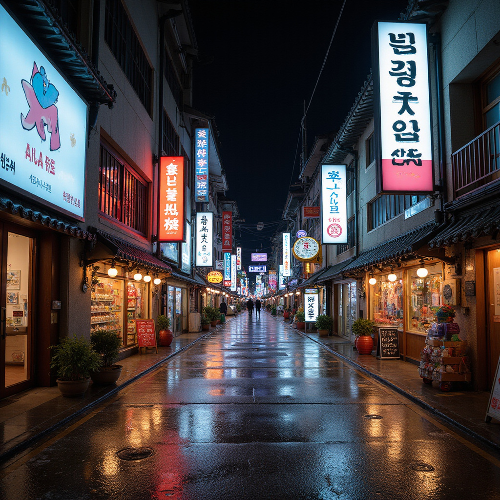 ulica w Seulu z neonowymi reklamami i tradycyjnymi elementami architektury