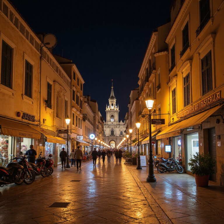 Ulica w Splicie w okolicach Pałacu Dioklecjana nocą, tętniąca życiem i światłami