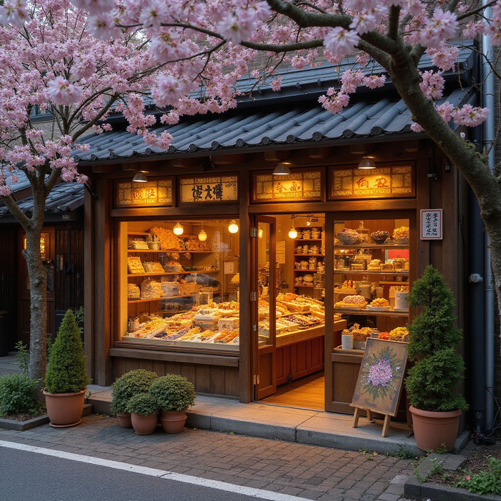 Ulica w Tokio z cukiernią serwującą sezonowe wagashi