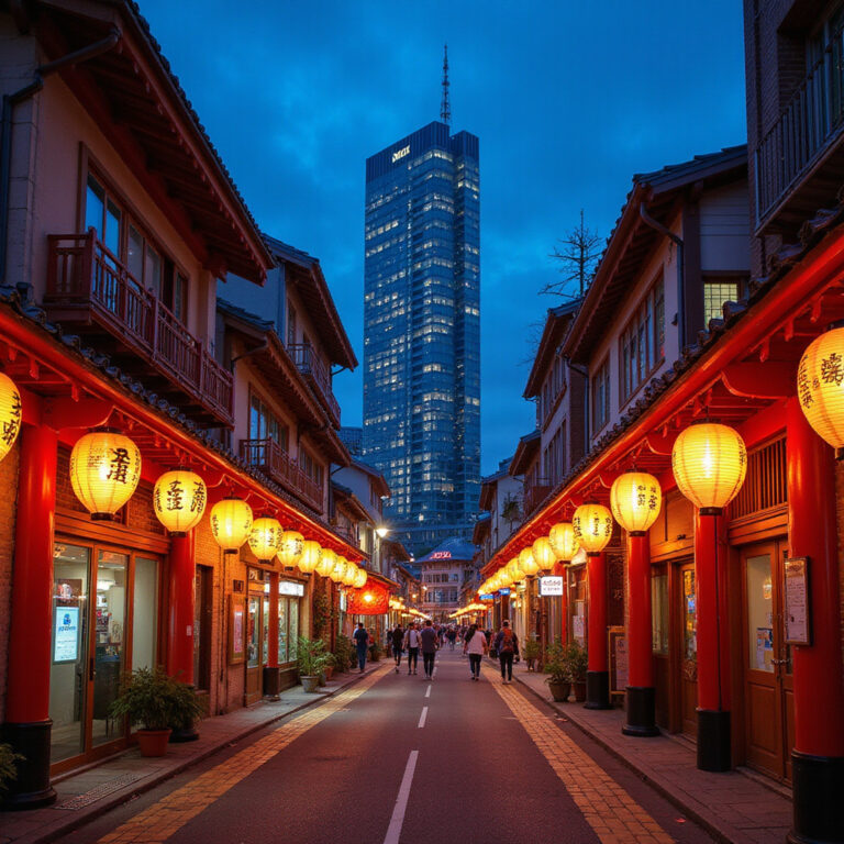 Ulica w Tokio z widokiem na tradycyjne lampiony i nowoczesne budynki, idealna na japońskie wakacje