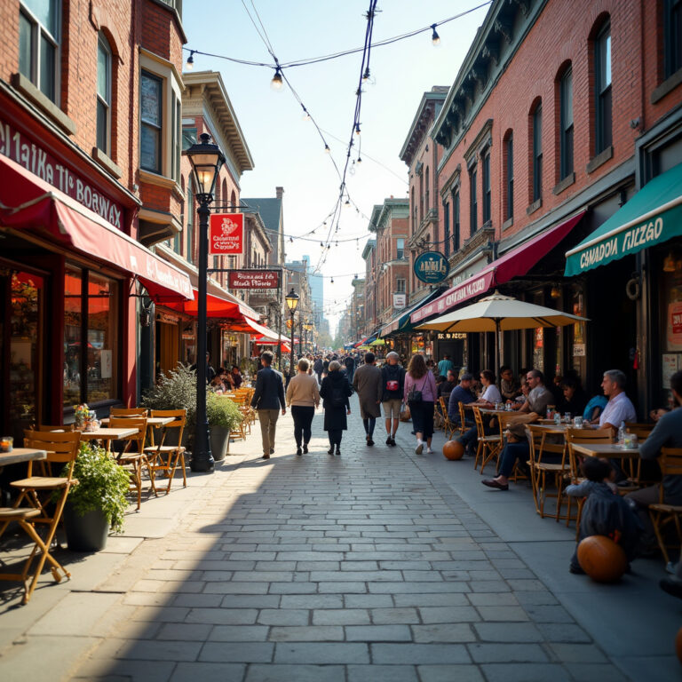 Ulica w Toronto z różnorodnymi sklepami i restauracjami, wielokulturowość Kanady