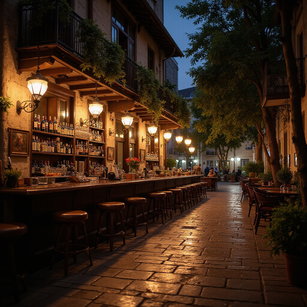 Ulica w Volos nocą z klimatycznymi barami i światłem latarni