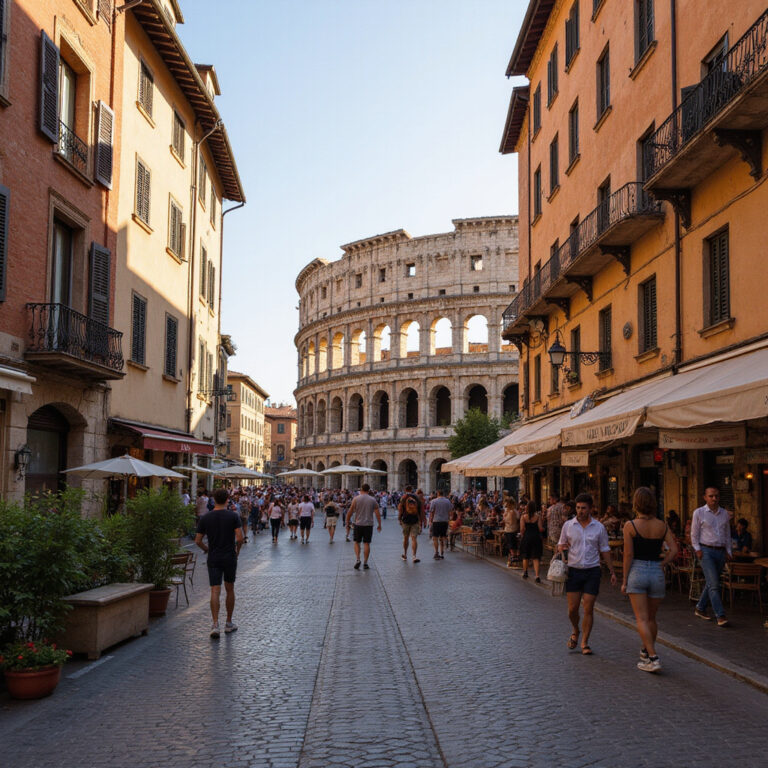 Ulica w Weronie z widokiem na Arenę di Verona, zabytkowa architektura i turyści