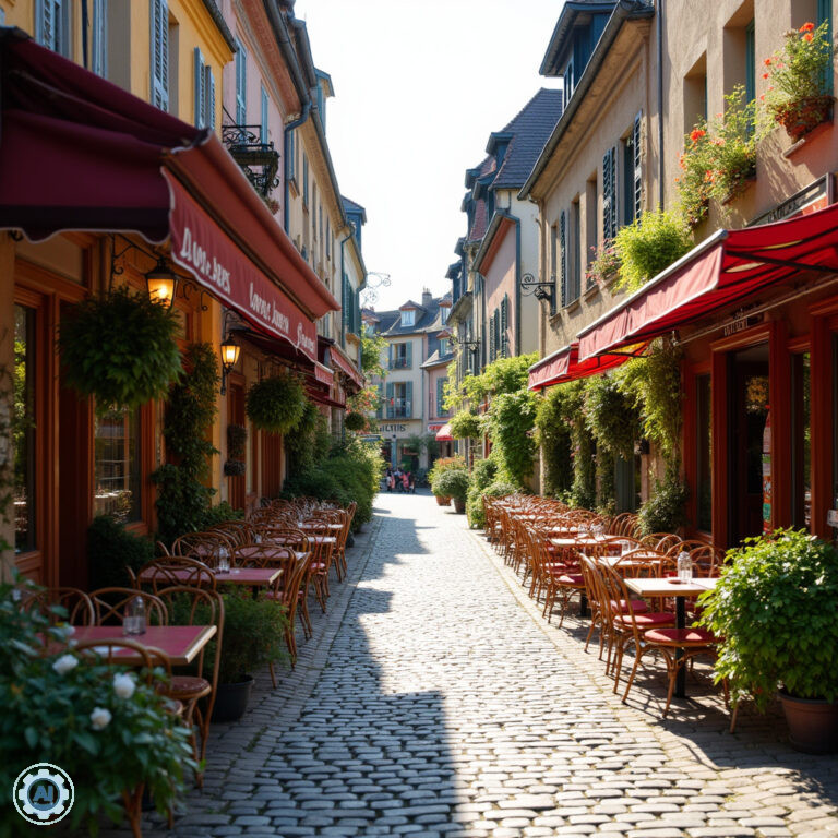 Ulica w Strasburgu z kawiarniami i restauracjami, gdzie serwują lokalne specjały