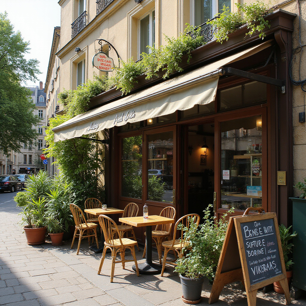 Ulica w Paryżu z wegańską kawiarnią, kolorowe szyldy i zielone rośliny w tle