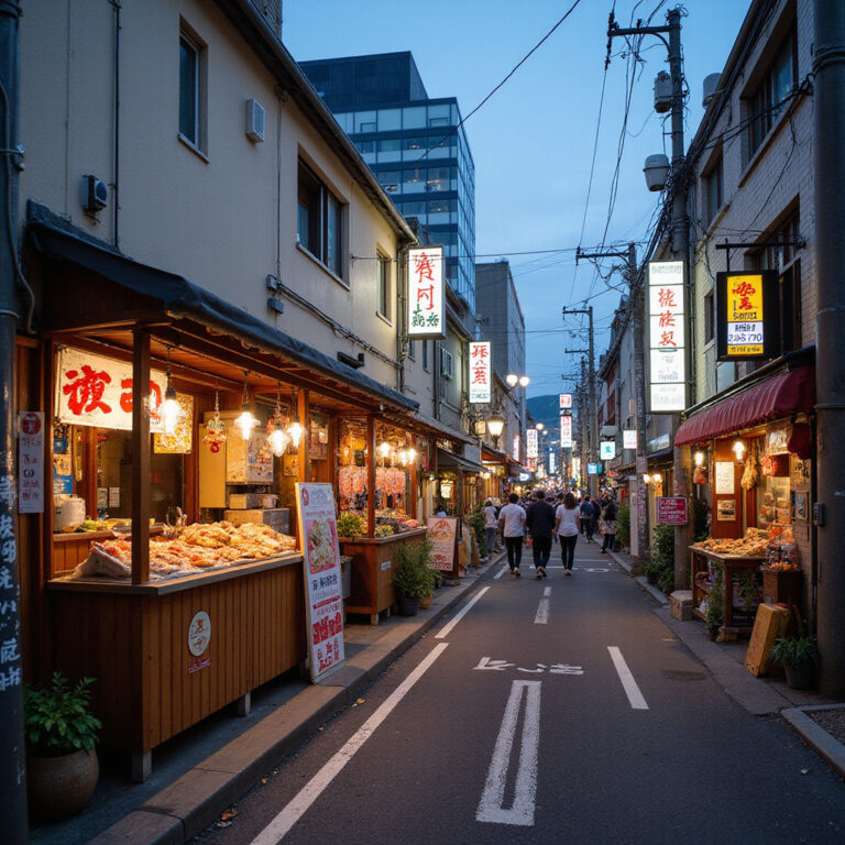 widok na ulice w Fukuoce z tradycyjnymi straganami yatai i nowoczesnymi budynkami w tle