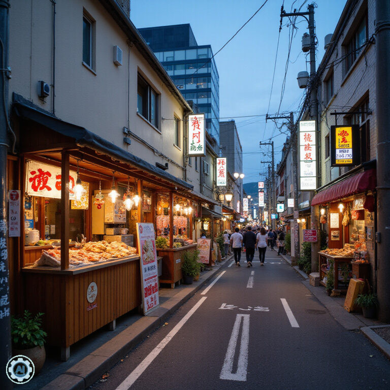 widok na ulice w Fukuoce z tradycyjnymi straganami yatai i nowoczesnymi budynkami w tle