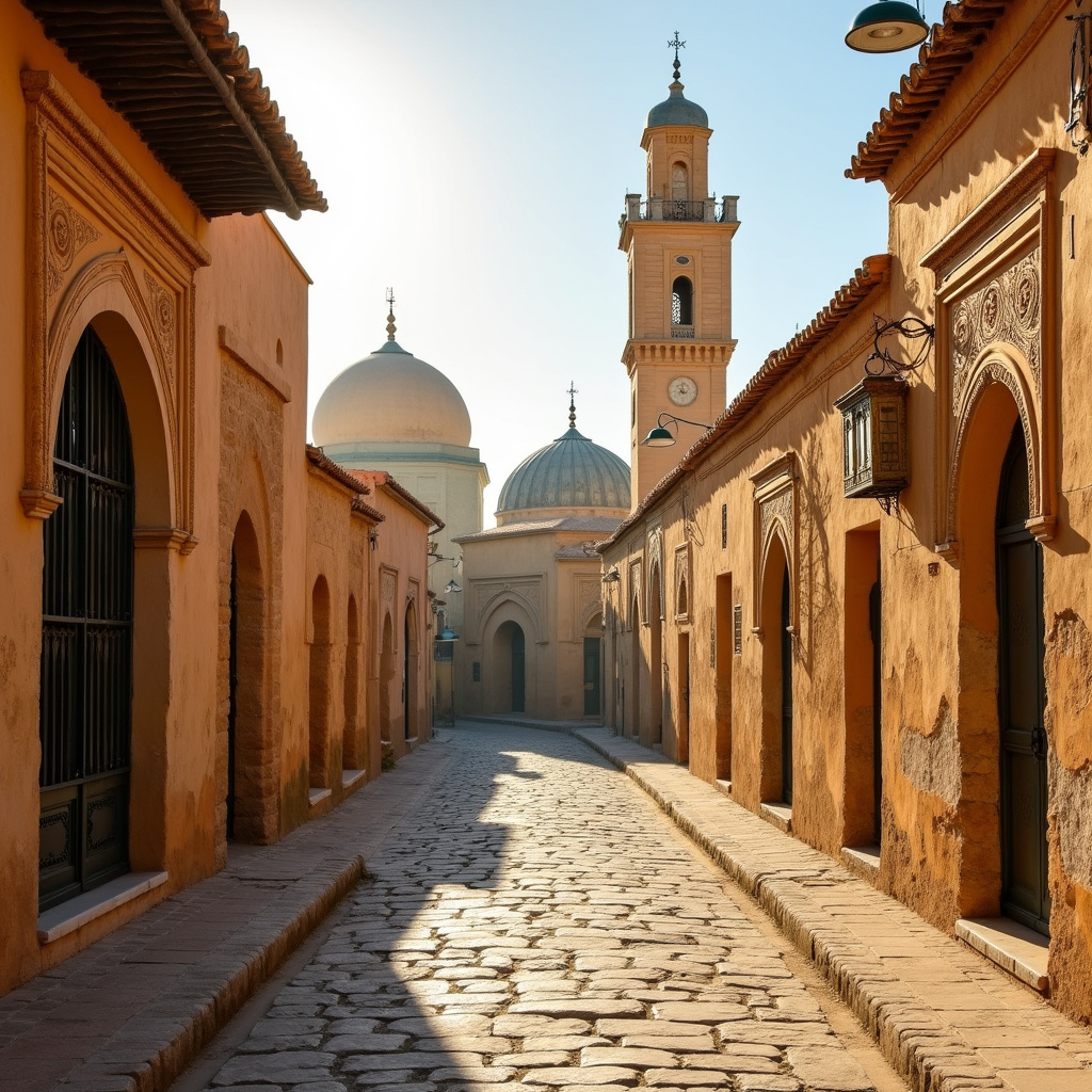 Ulica w Kairuanie z widokiem na tradycyjne budynki i meczety