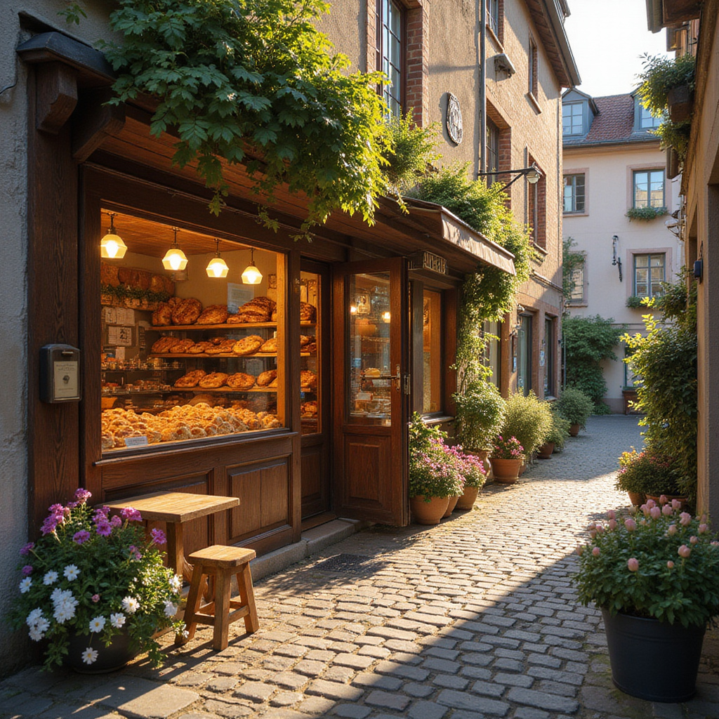 Uliczka w Alzacji z małą piekarnią serwującą Flammkuchen
