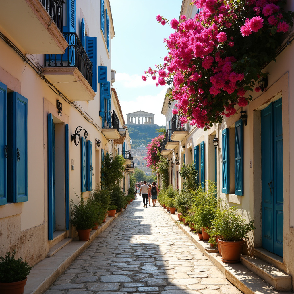Uliczka w Atenach z widokiem na Akropol, idealna na spacer