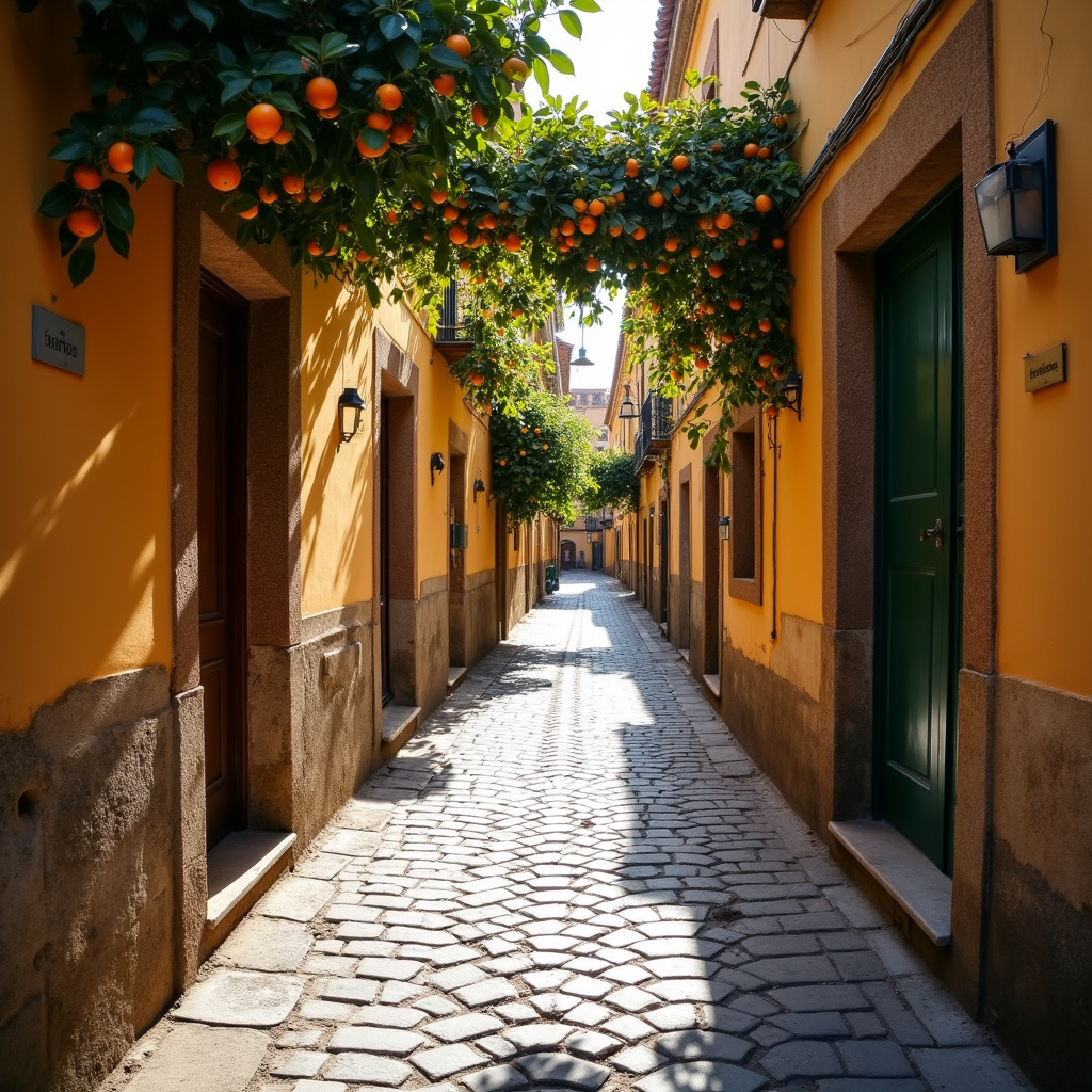 Sewilla zimą – uliczka w Barrio Santa Cruz z pomarańczowymi drzewami