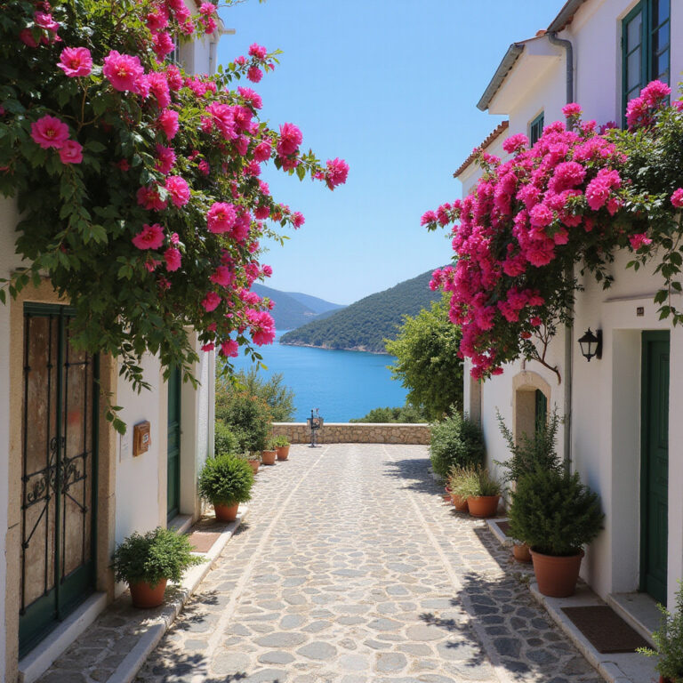 Urokliwa uliczka w Korfu z widokiem na morze, idealna na spacer