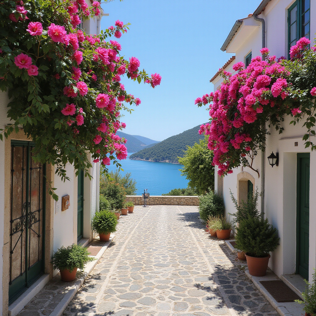 Urokliwa uliczka w Korfu z widokiem na morze, idealna na spacer