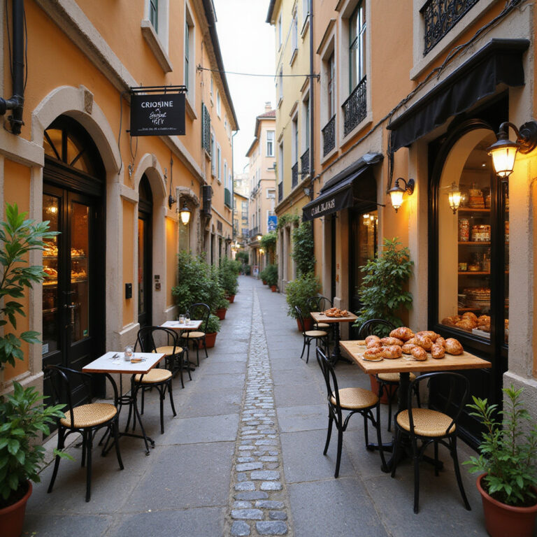 Uliczka w Le Panier z kawiarnią serwującą croissants z pistacjami