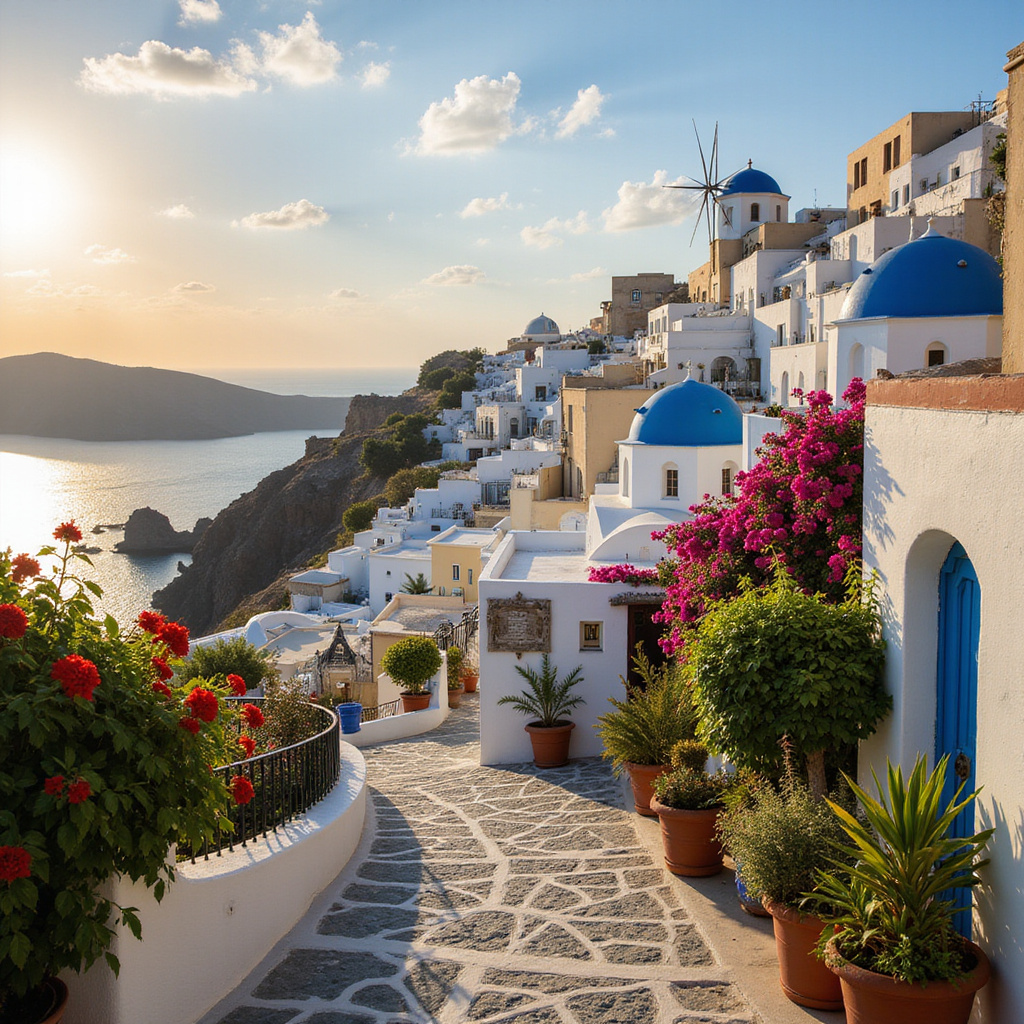 Urokliwa uliczka w Oia z widokiem na kalderę