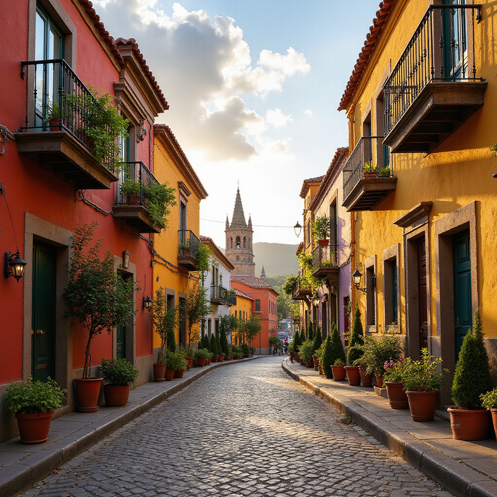 Urokliwa uliczka w San Miguel de Allende z kolorowymi domami i brukowaną nawierzchnią