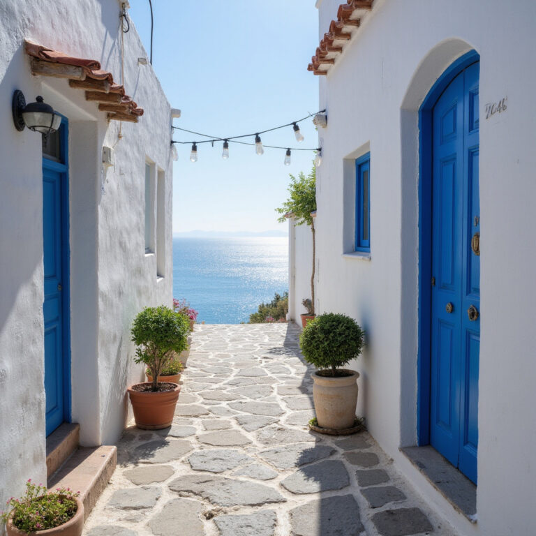 Biało-niebieska uliczka w Sidi Bou Said z widokiem na morze