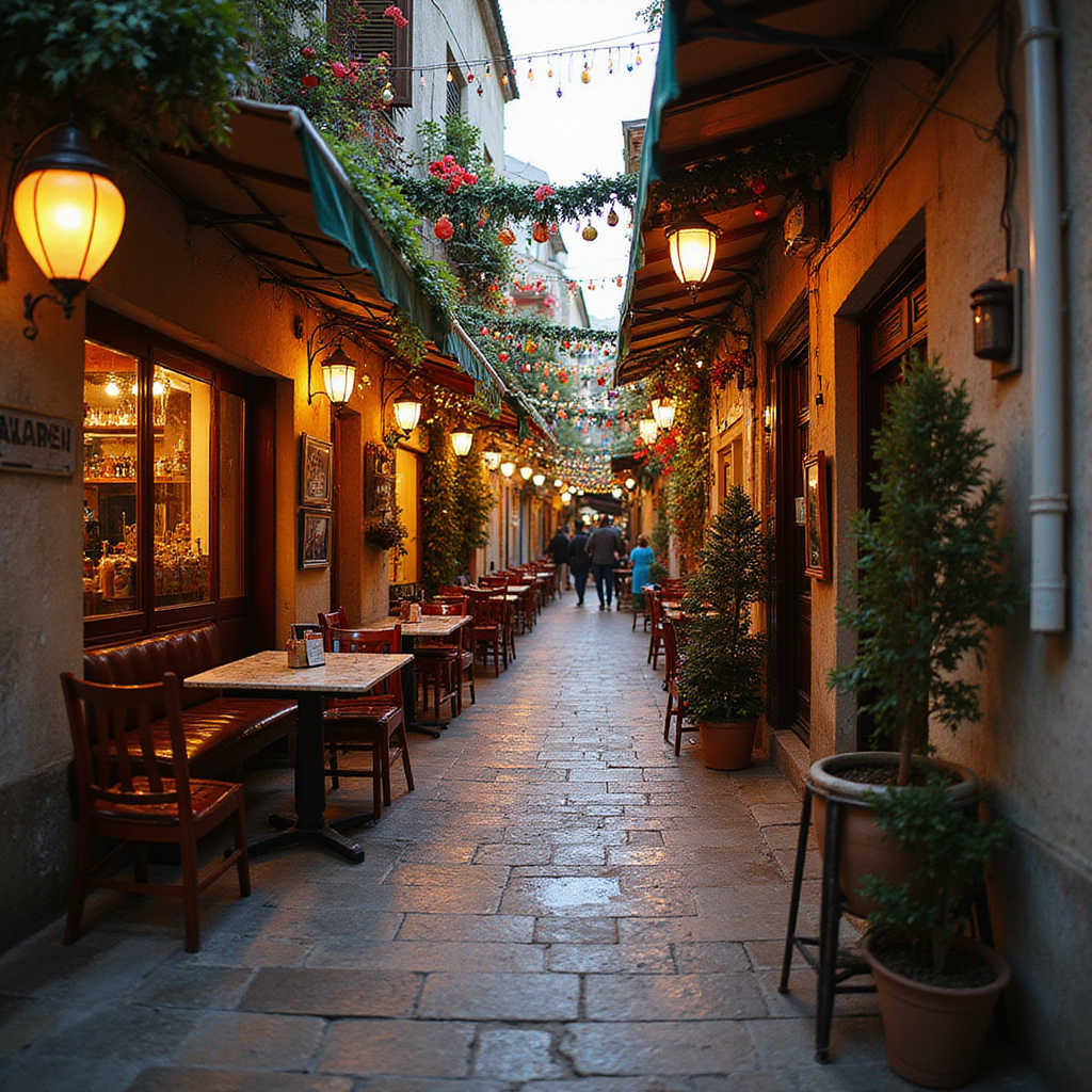 Uliczka w Volos z kolorowymi tawernami i festiwalowymi dekoracjami, Volos festiwale, greckie tradycje