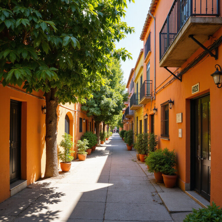 Uliczka w Walencji z drzewami pomarańczowymi i kolorowymi budynkami, idealna na niezależne zwiedzanie