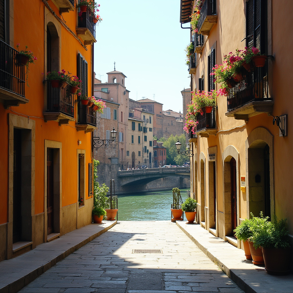 Urokliwa uliczka w Weronie prowadząca nad rzekę Adygę z widokiem na zabytkowe budynki