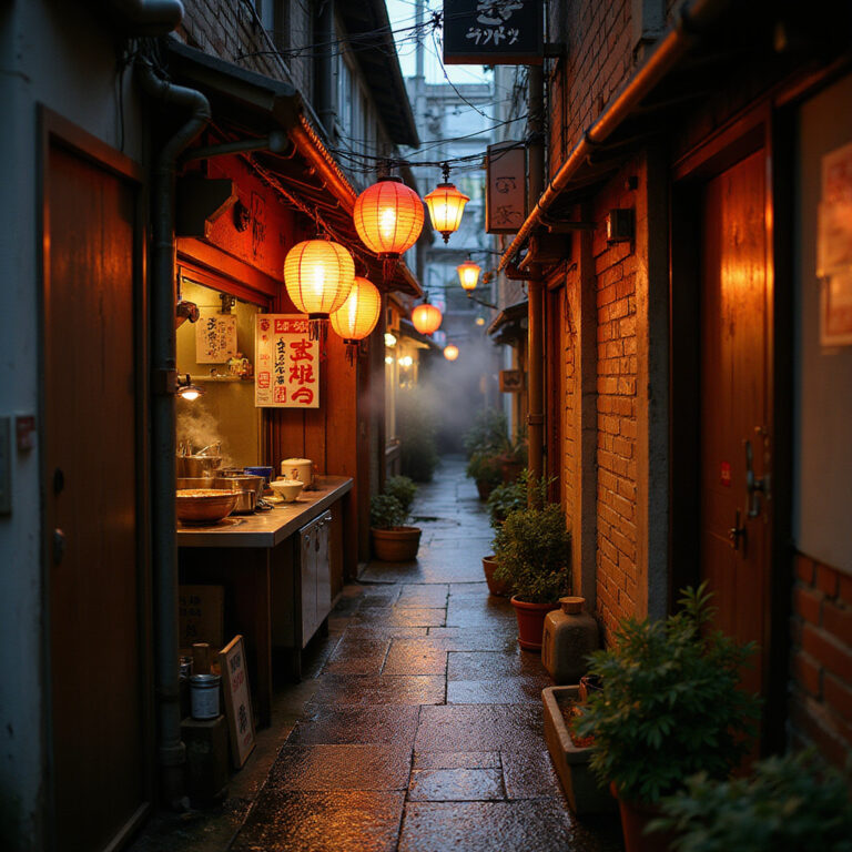 Uliczka w Tokio z małą ramenownią, gdzie serwują tradycyjny ramen