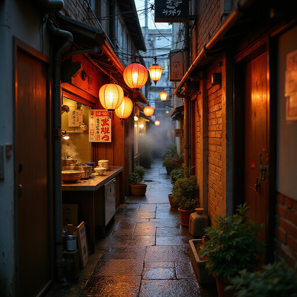 Uliczka w Tokio z małą ramenownią, gdzie serwują tradycyjny ramen