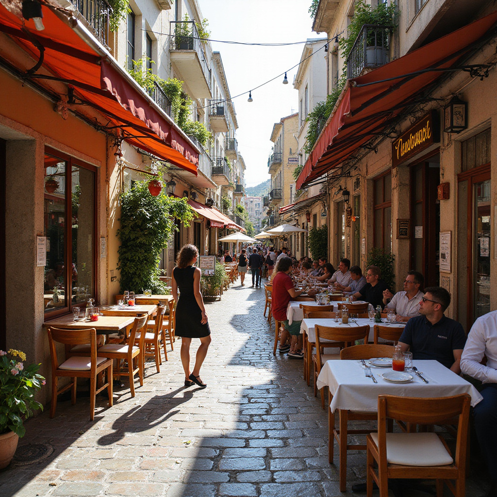 Uliczka w Pireusie z lokalnymi tawernami i kawiarniami