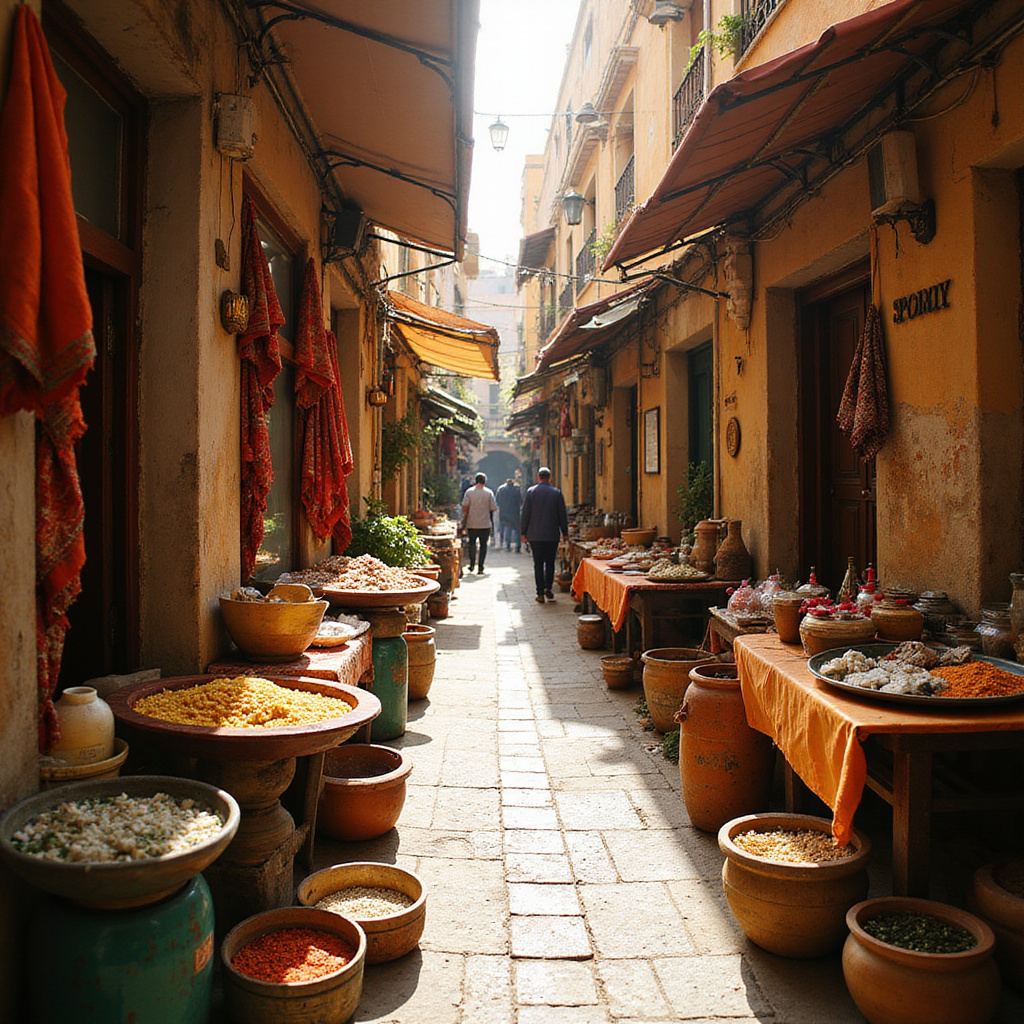 Uliczki medyny w Sousse z aromatami lokalnego jedzenia, tradycyjne tunezyjskie potrawy