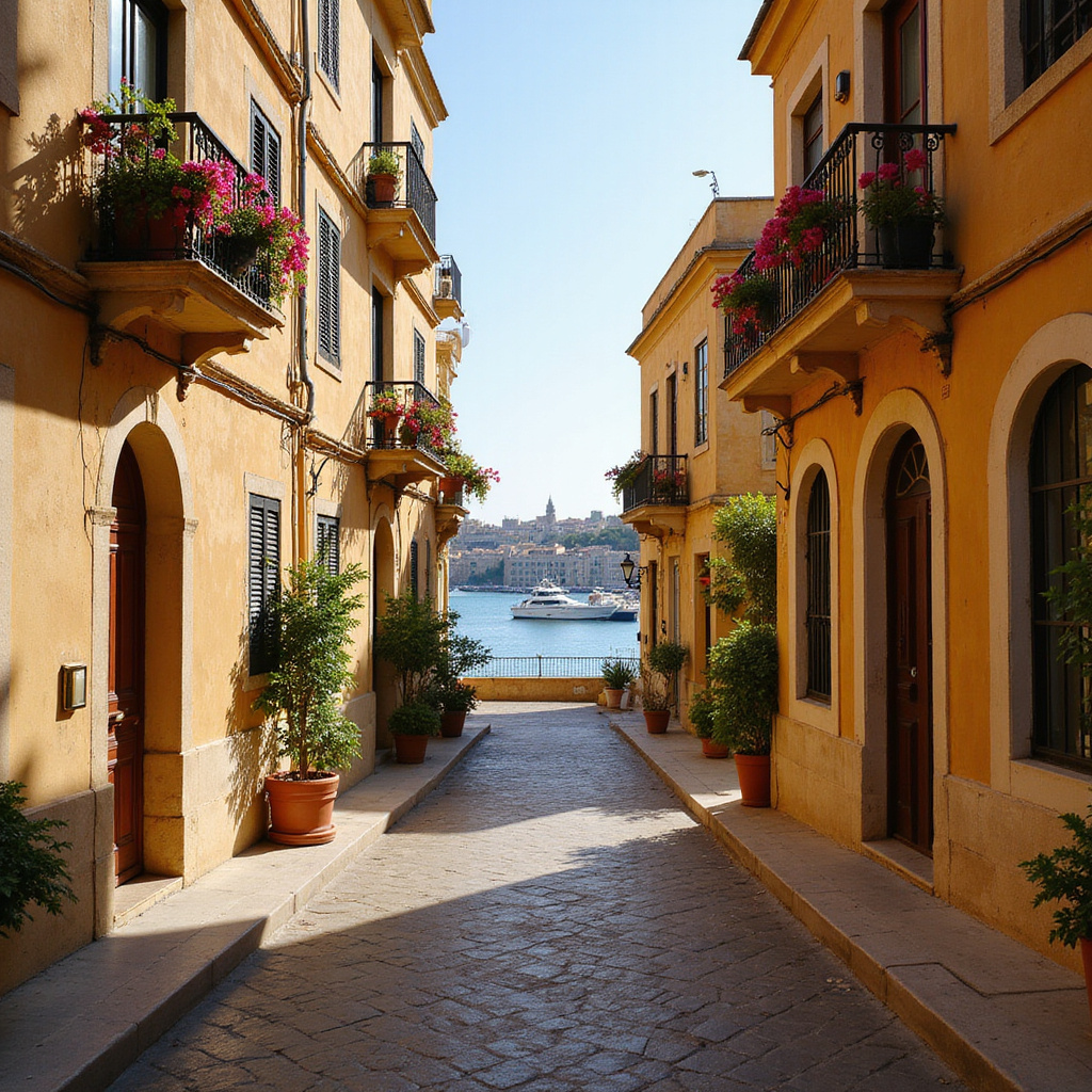 Uliczka w Senglei z widokiem na Grand Harbour, maltańska architektura