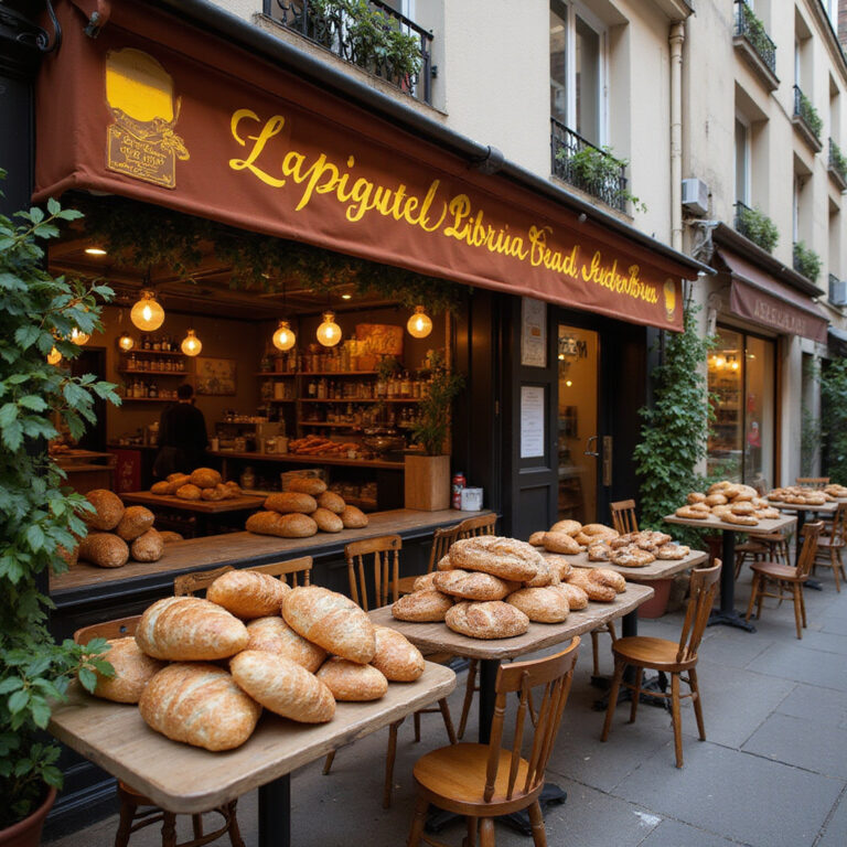 Ulica w Paryżu z tradycyjnym bistro i świeżymi bagietkami, lokalne smaki Paryża