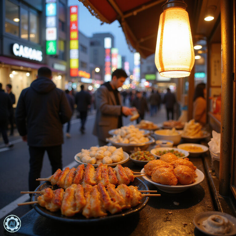 Uliczne jedzenie w Tokio: yakitori i takoyaki na tle tętniącej życiem dzielnicy