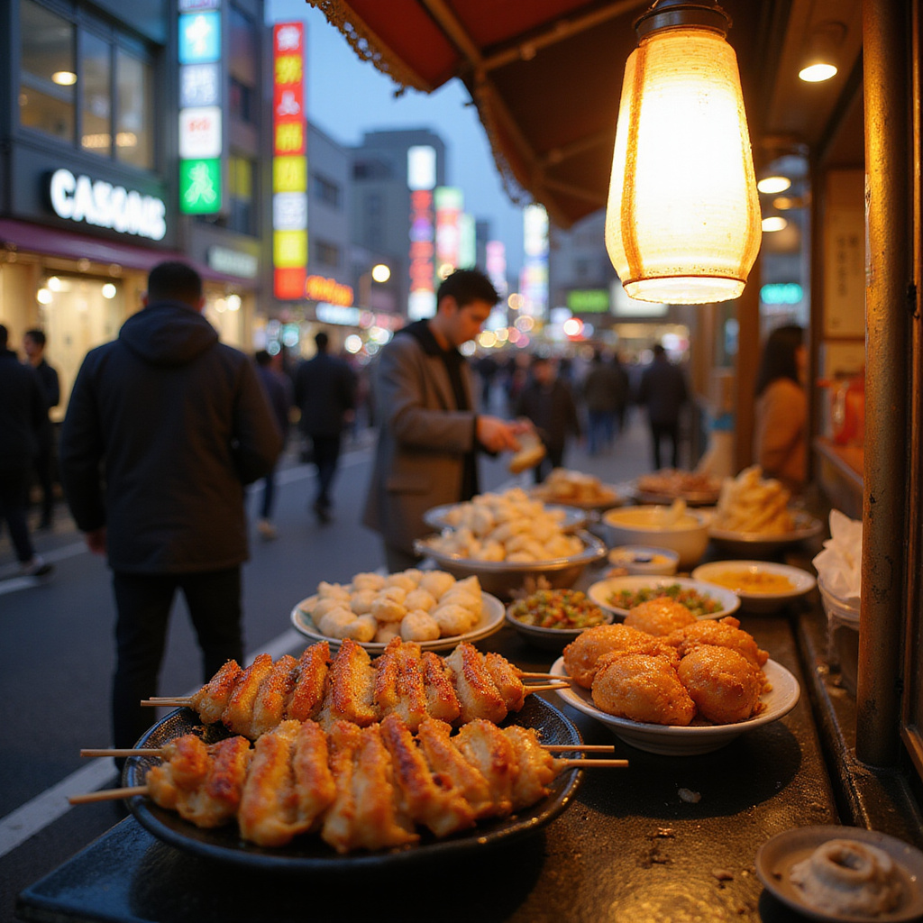 Uliczne jedzenie w Tokio: yakitori i takoyaki na tle tętniącej życiem dzielnicy