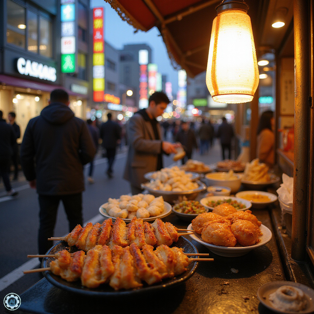 Uliczne jedzenie w Tokio: yakitori i takoyaki na tle tętniącej życiem dzielnicy