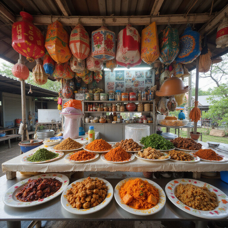 Uliczny stragan z tajskim jedzeniem na Koh Samui, aromatyczne dania i kolorowe przyprawy