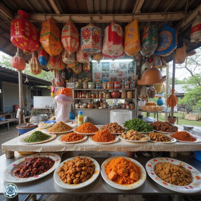 Uliczny stragan z tajskim jedzeniem na Koh Samui, aromatyczne dania i kolorowe przyprawy
