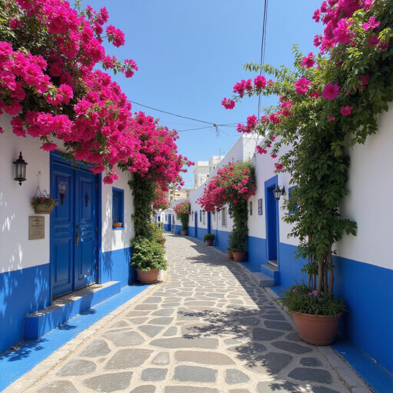 Urokliwa uliczka w Sidi Bou Said z biało-niebieskimi domami i kwiatami bugenwilli